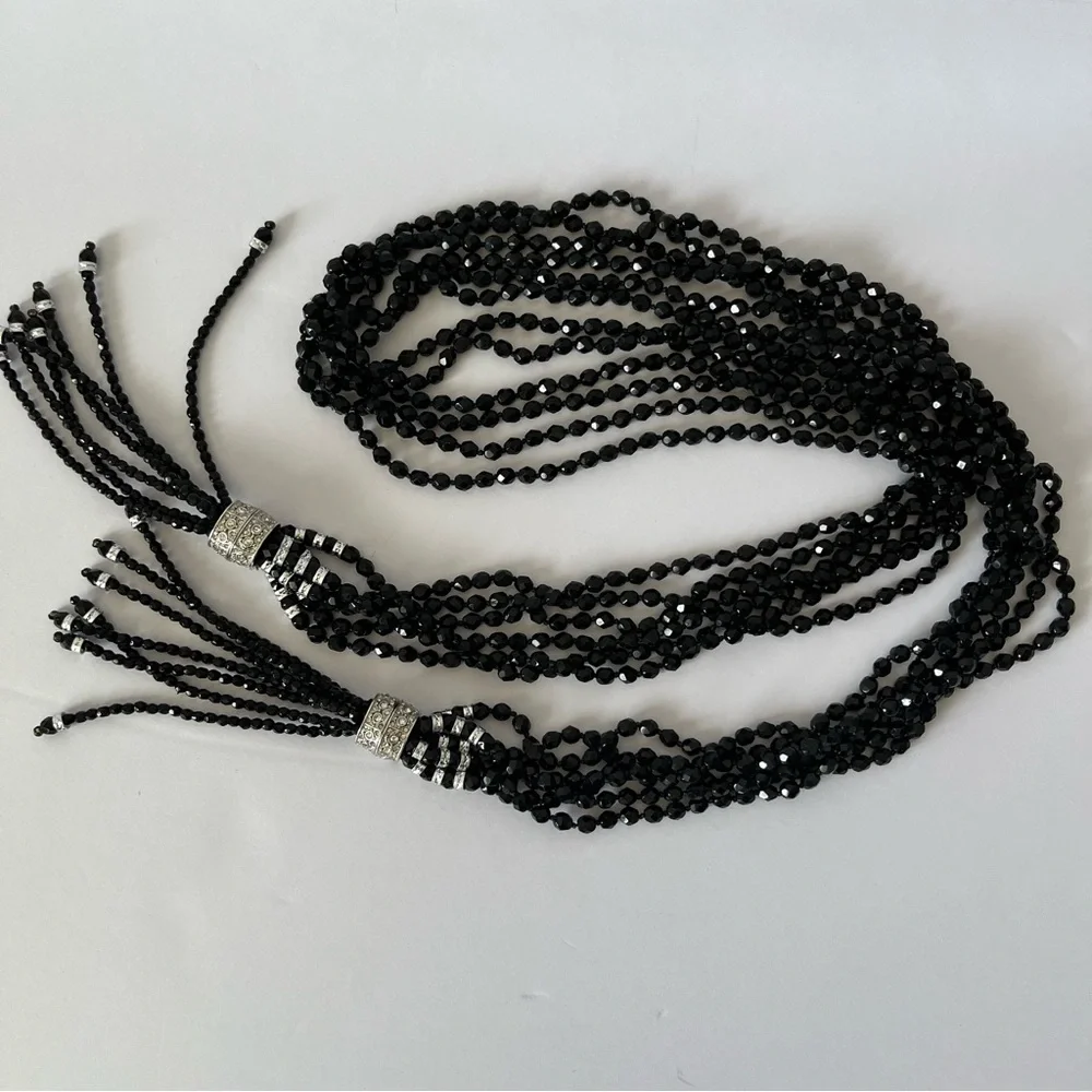 Amazing Vintage Black Beaded Multi Strap Long Tassel Necklace Art Deco Flapper